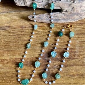 Aventurine + Fresh Water Pearl Necklace Bracelet Jewelry Set